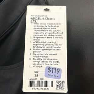 NEW LULULEMON ABC PANT CLASSIC 38x 37L . Black